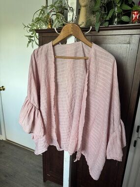 Light Pink Open Front Ruffled Sleeve Kimono